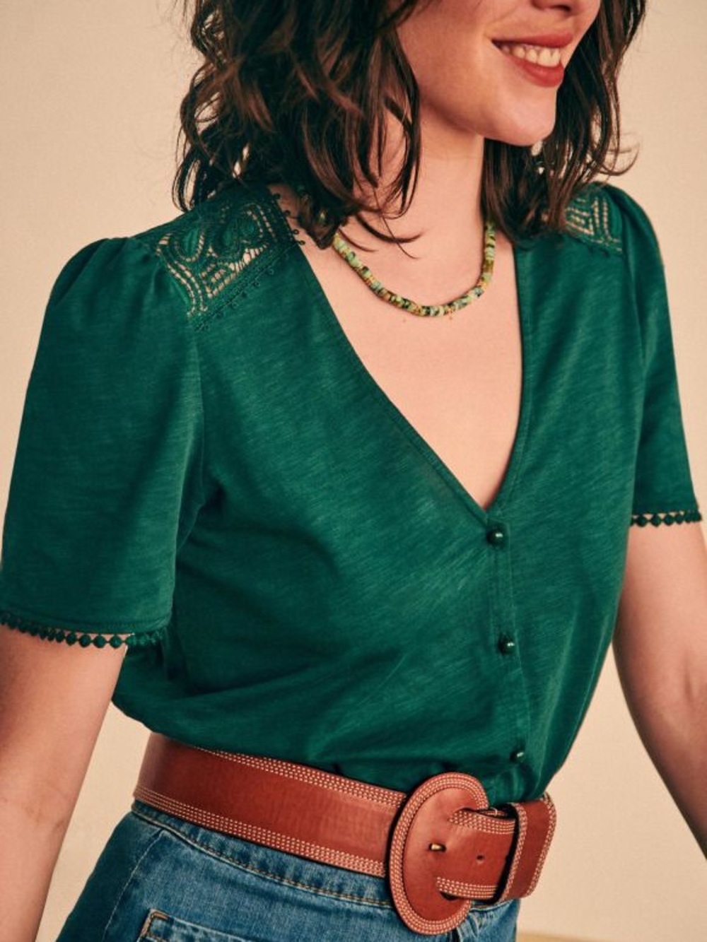 Sezane Emerald Green V-Neck Button Front Blouse size small